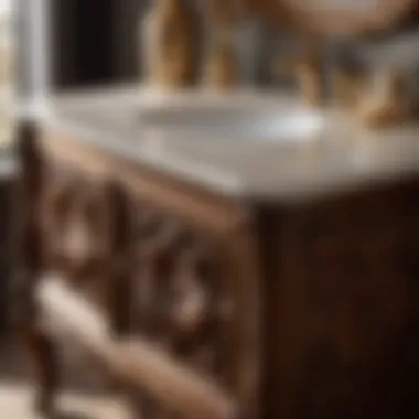 Close-up of intricate wood carving on the 24-inch vanity