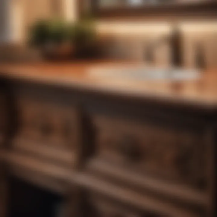 Artistry in Wood Detailing Close-up of intricate woodwork on rustic vanity