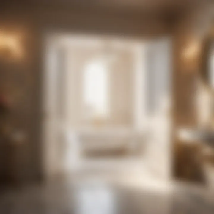 An illustrated depiction of an open door revealing a luxurious bath