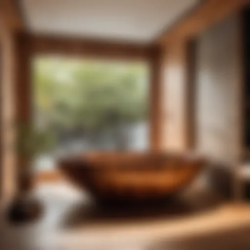 Japanese wooden soaking tub in Japandi bathroom