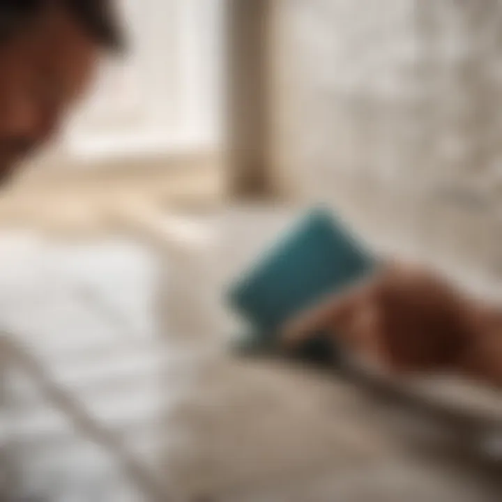 Precise Grouting Technique for Tiles Close-up of skilled craftsman carefully grouting bathroom tiles