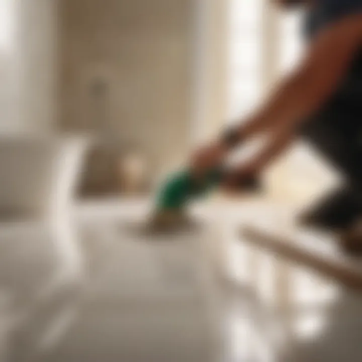 Expert Preparation for Tile Installation Professional tile installer preparing tools for bathroom installation