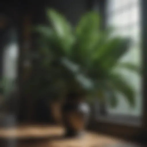 Lush tropical plant with broad leaves in dimly lit room