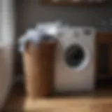 A stylish laundry basket filled with assorted clean clothes showcasing organization