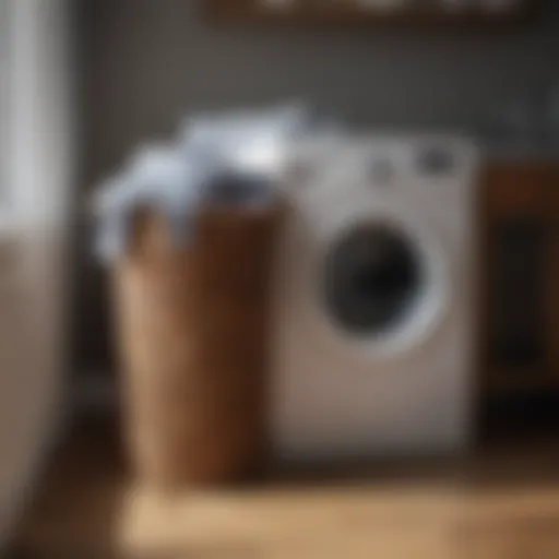 A stylish laundry basket filled with assorted clean clothes showcasing organization