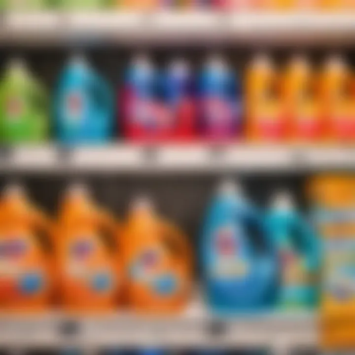 Stack of various laundry detergent brands with price tags