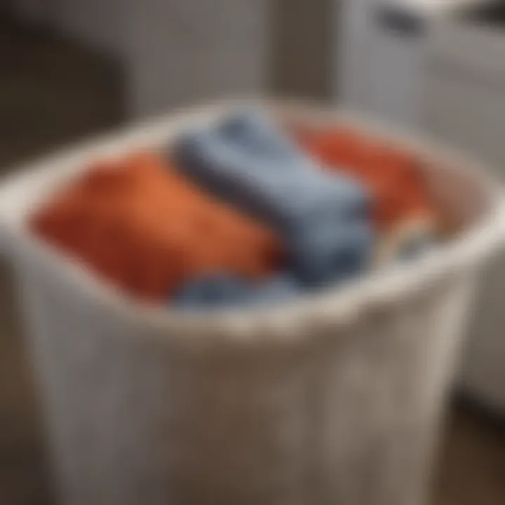 Various fabrics sorted neatly in a laundry cloth hamper, showcasing the importance of fabric care.