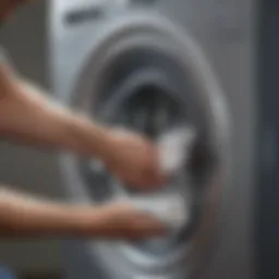 Close-up view of a laundry pod being loaded into a compact washer