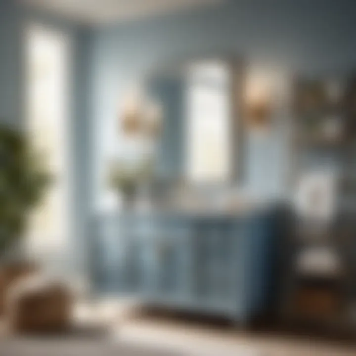 Light-filled bathroom showcasing dusty blue vanity