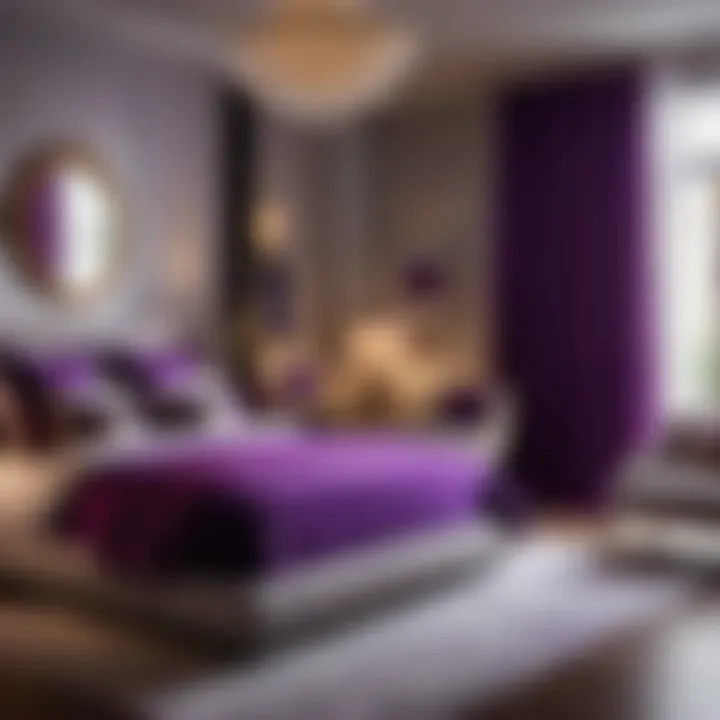 Luxurious bedroom interior with short purple curtains adding a pop of color