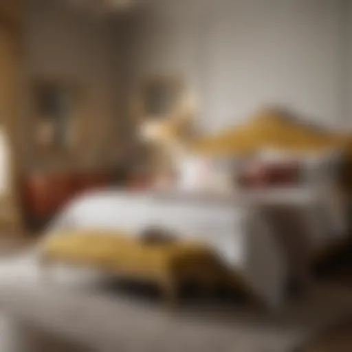 Elegant Bedroom Decor with Gold Storage Bench Luxurious gold storage bench in elegant bedroom setting