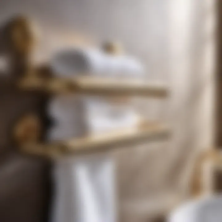 Close-up of gold towel rack with neatly arranged towels