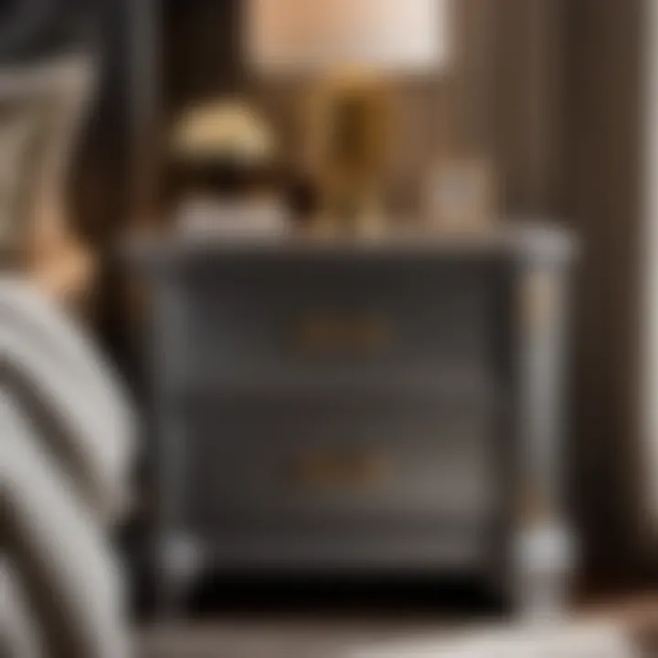 Luxury Gray Nightstand Luxurious gray nightstand with intricate craftsmanship in a cozy bedroom setting