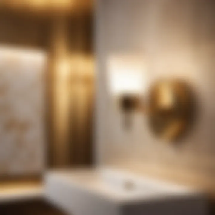 Luxurious brushed gold wall light illuminating bathroom