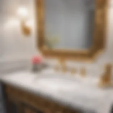 Luxurious white vanity with marble countertop and gold accents