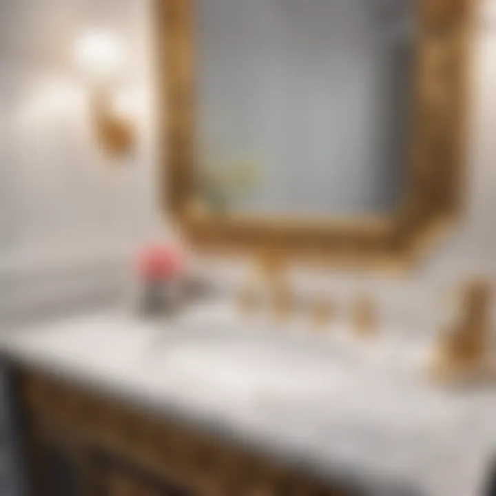 Luxurious white vanity with marble countertop and gold accents