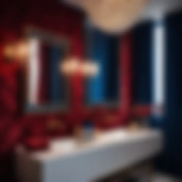 Luxurious red and blue velvet accents in bathroom decor