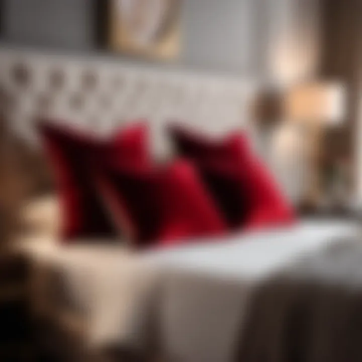 Luxurious red velvet pillows on a bed