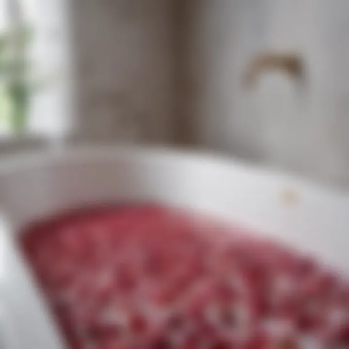 Luxurious rose petals scattered on a white bathtub