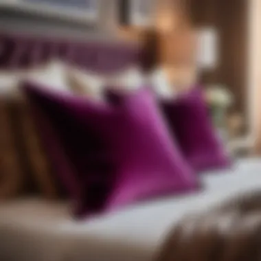 Luxurious velvet throw pillows on a cozy bed in a romantic master bedroom
