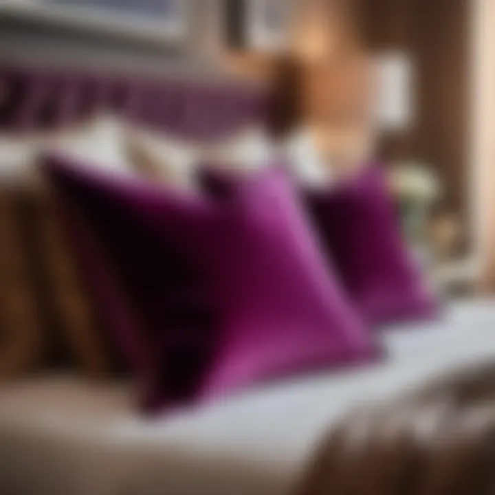 Luxurious velvet throw pillows on a cozy bed in a romantic master bedroom