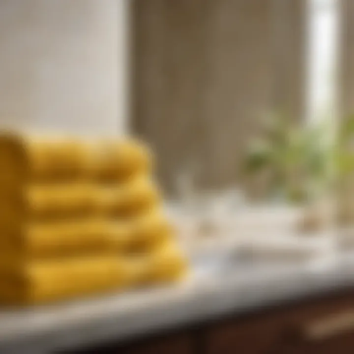 Add a Touch of Luxury with Yellow Bath Towels Luxurious yellow bath towel neatly folded on a marble countertop