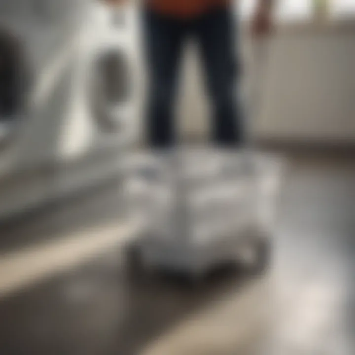 A person easily maneuvering a plastic laundry basket with wheels across a tiled floor.