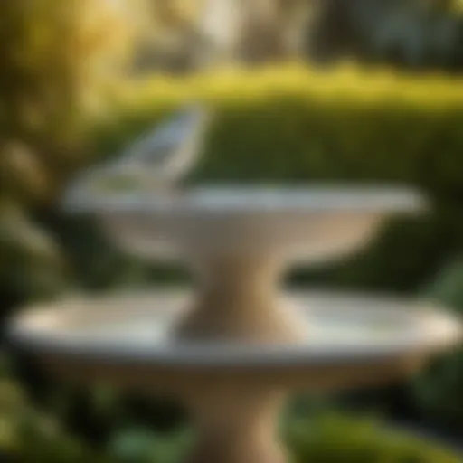 Graceful bird bath top made of marble in a lush garden setting