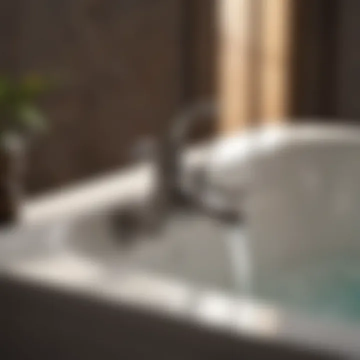 Close-up of a master bathtub faucet with water conservation features.