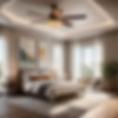 Elegant master bedroom with ceiling fan and light