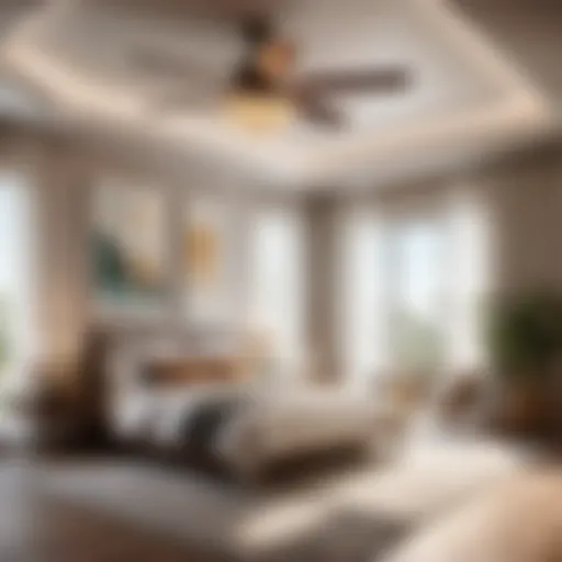 Elegant master bedroom with ceiling fan and light