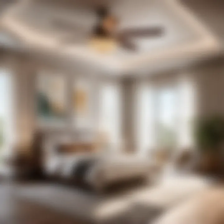 Elegant master bedroom with ceiling fan and light
