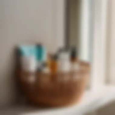 Neatly Arranged Toiletries in Corner Basket Organized bathroom corner basket with toiletries