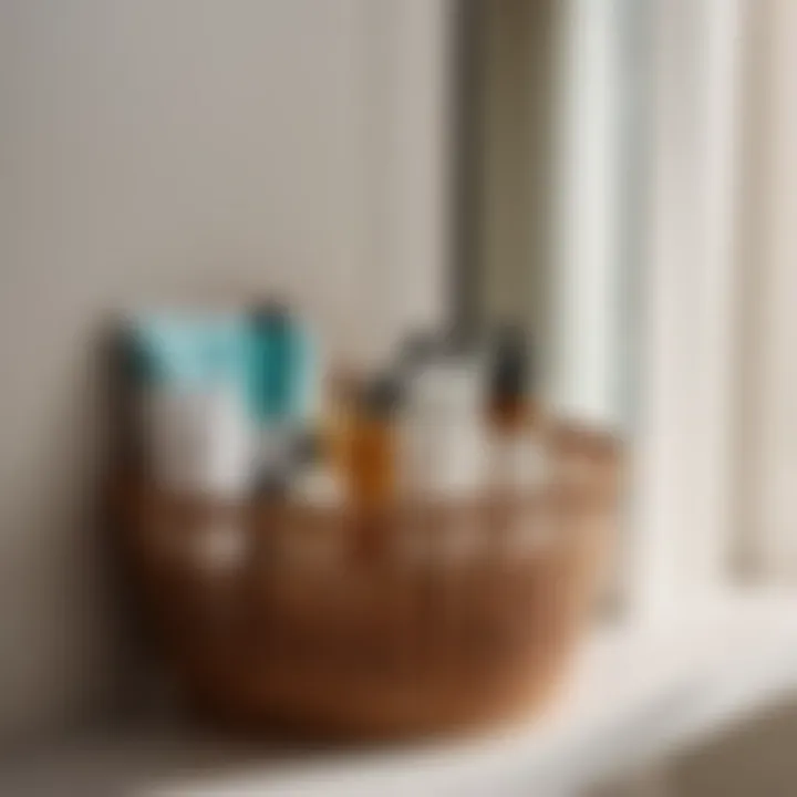 Neatly Arranged Toiletries in Corner Basket Organized bathroom corner basket with toiletries