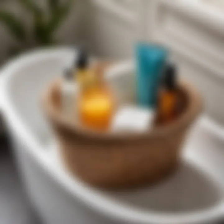 Sophisticated Display of Bath Essentials in Corner Basket Stylish bathroom corner basket with bath essentials