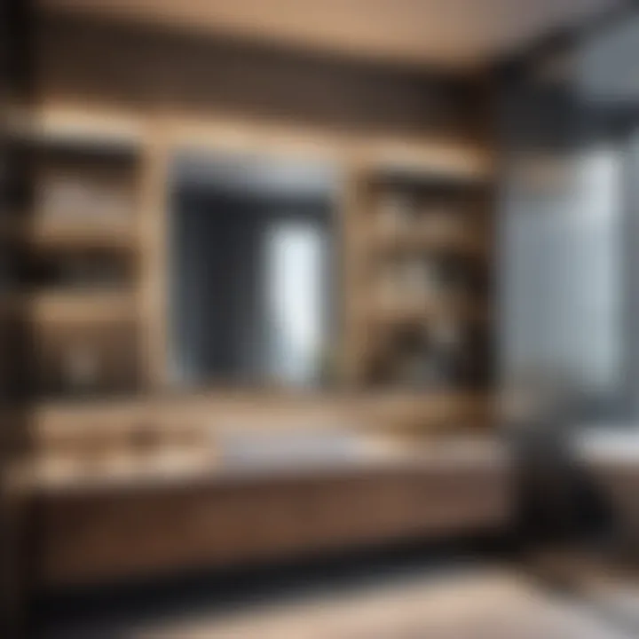 Contemporary bathroom design highlighting mirrored shelving units
