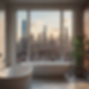 Modern bathroom bay window with a city skyline view