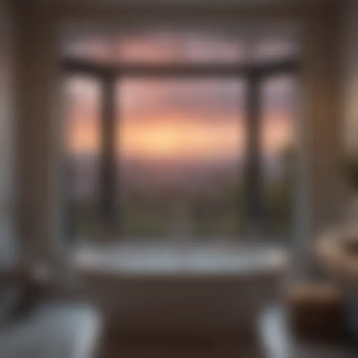 Stylish bathroom bay window with a sunset horizon