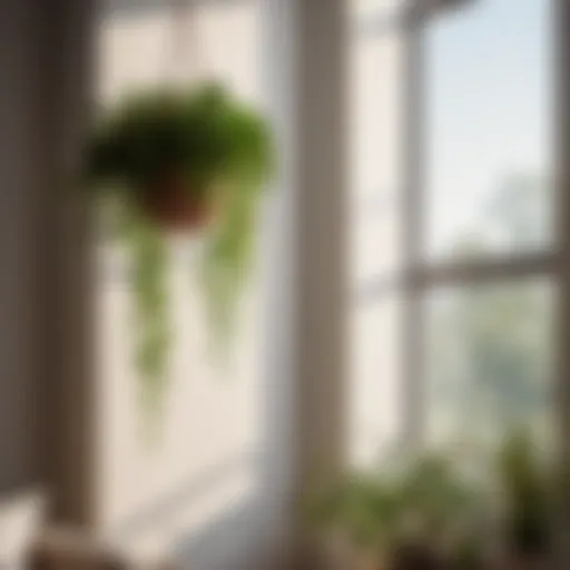 Elegant bedroom corner with hanging plants and natural light