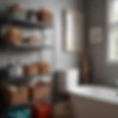 Colorful baskets on over-the-toilet shelving for organized storage