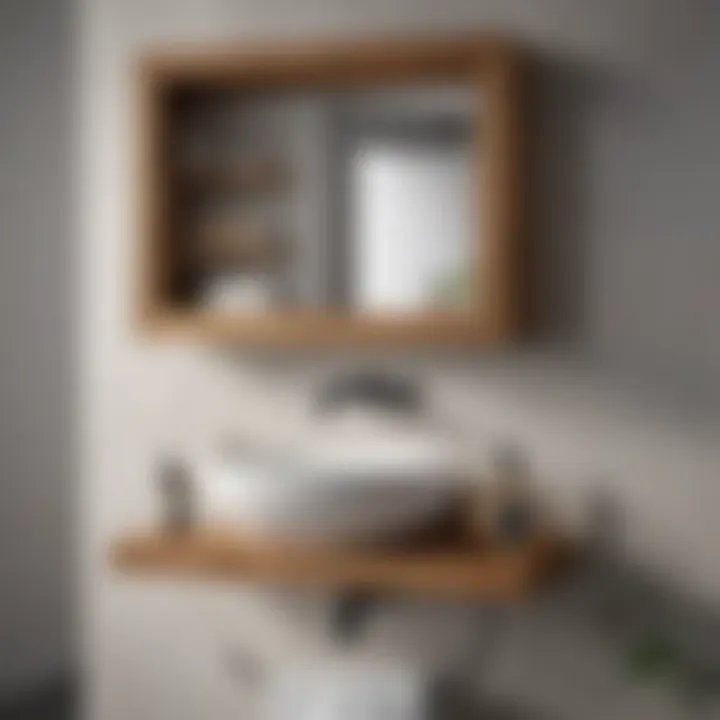 Elegant wooden shelf above a toilet with decorative items