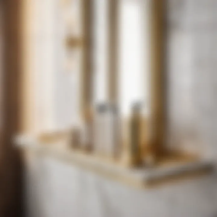 Marble and gold narrow bathroom shelf showcasing luxury bath products