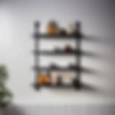 Sleek black metal narrow bathroom shelf against white tiled wall