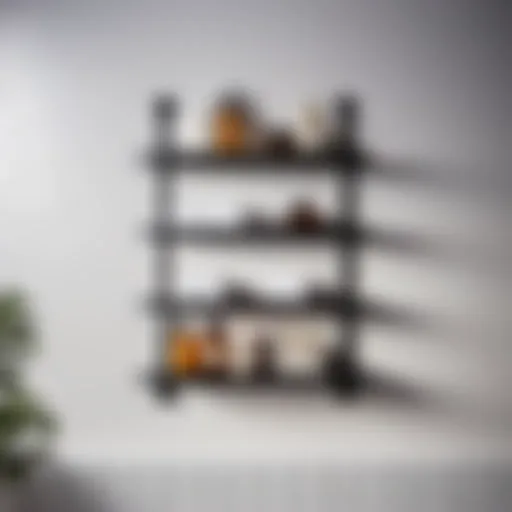 Sleek black metal narrow bathroom shelf against white tiled wall