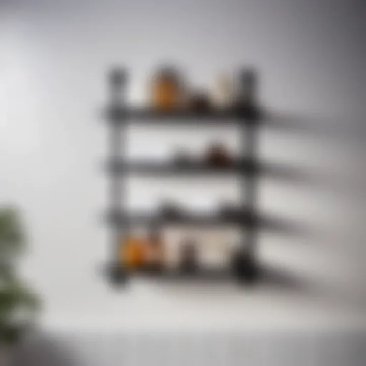 Sleek black metal narrow bathroom shelf against white tiled wall