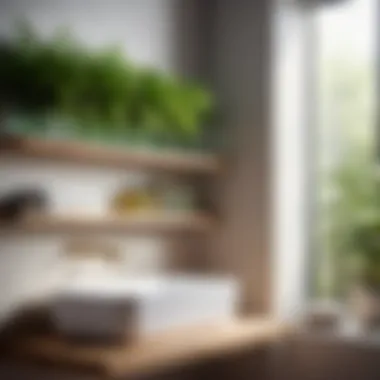 Wood and glass narrow bathroom shelf with lush green plants