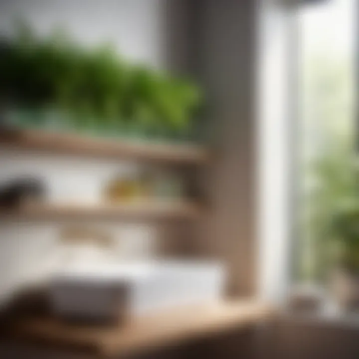 Wood and glass narrow bathroom shelf with lush green plants