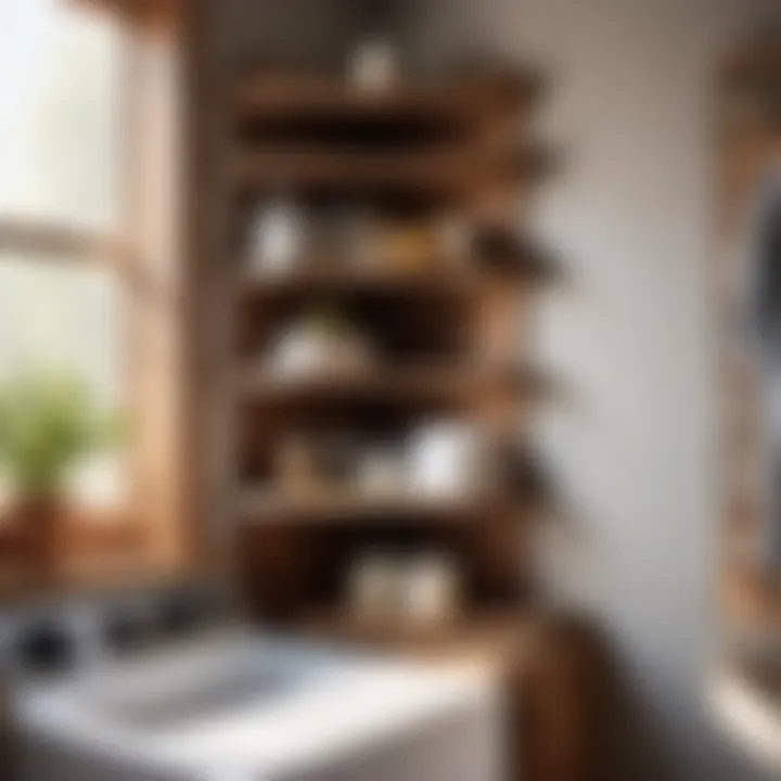 Rustic Wooden Corner Shelf in Laundry Room