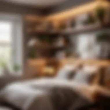 Clever use of corner shelves in small bedroom