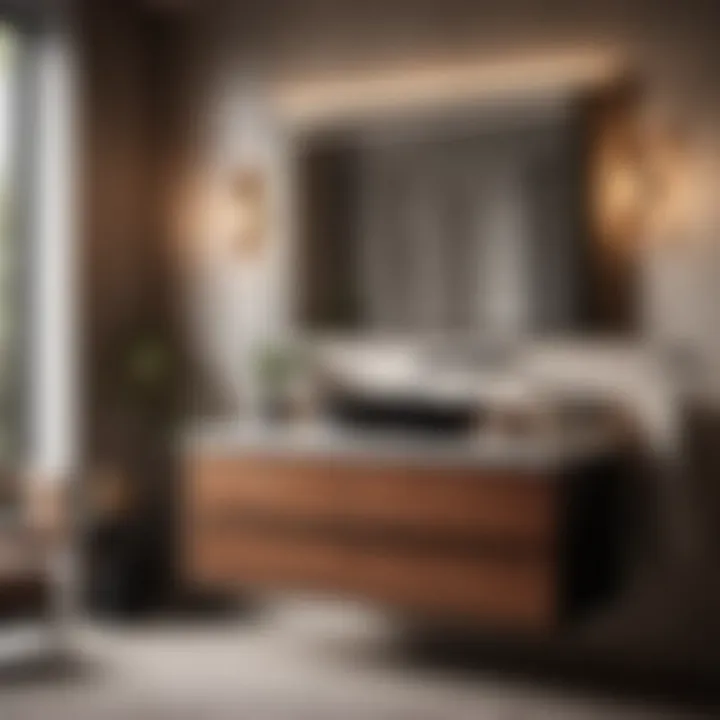 Minimalist small brown vanity with sleek black handles